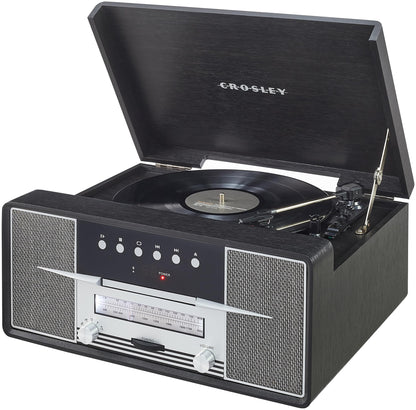 Crosley CR7016A-BK Rhapsody 7-in-1 Bluetooth 3-Speed Vinyl Record Player Turntable, CD Player, AM/FM Radio, Black