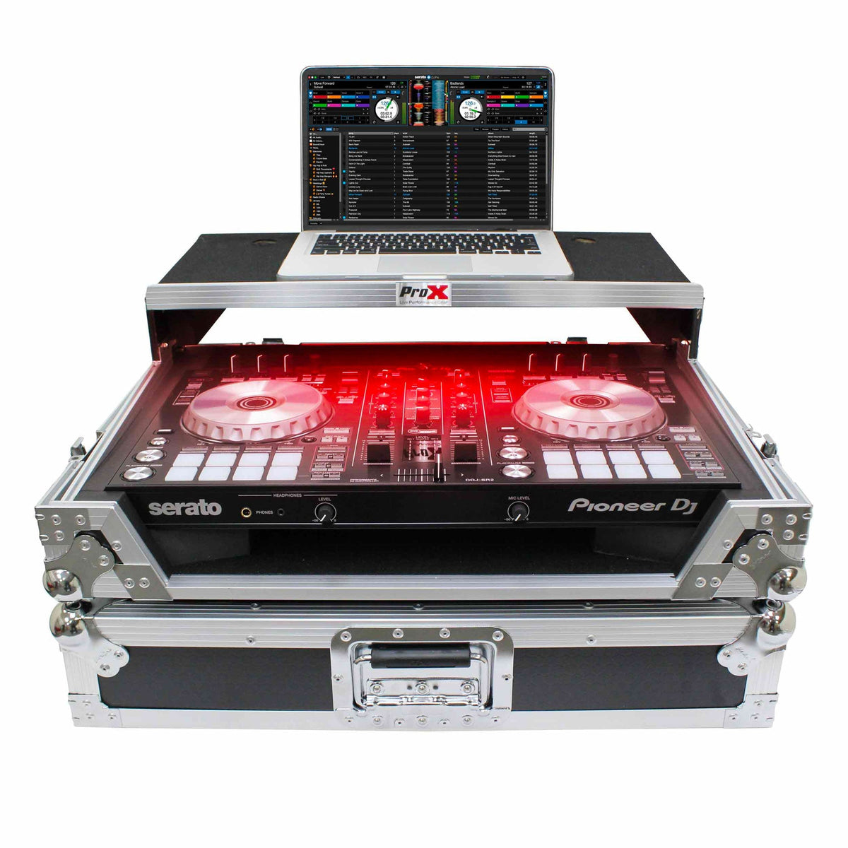 ProX Flight Case for Pioneer DDJ-SR2 Controller with Laptop Shelf and LED Kit (Silver-on-Black)
