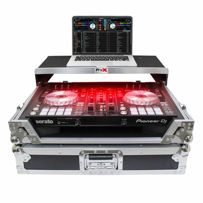 ProX Flight Case for Pioneer DDJ-SR2 Controller with Laptop Shelf and LED Kit (Silver-on-Black)